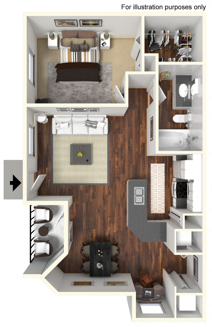 Floor plan for 1 bed, 1 bath, 793 sqft